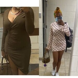 Tan Plaid Long-Sleeve Mini Dress & Brown Long Sleeve Midi Slit Dress Bundle!!